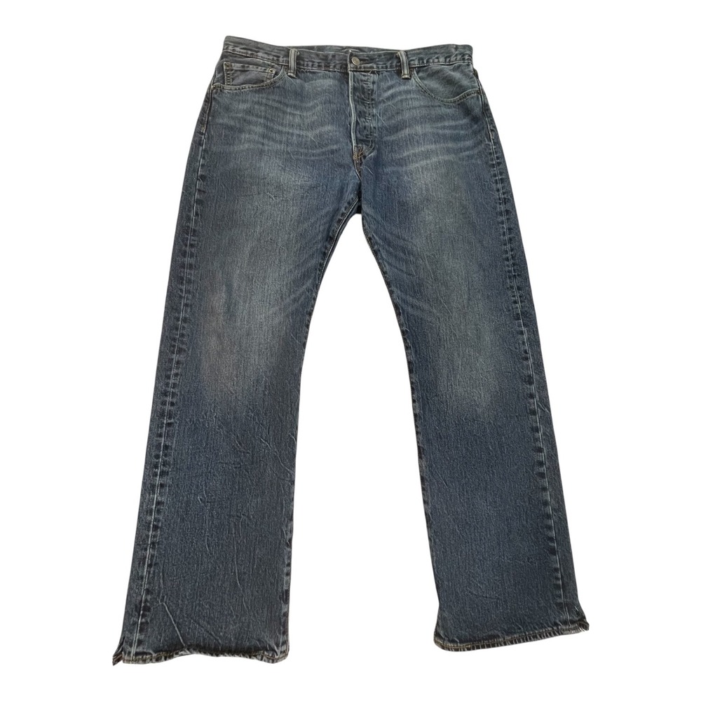 Levis 501 Jeans Mens 36x30 Medium Wash Blue Denim Leather Patch Whisker Fade
